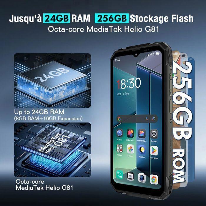 Refurbished - Blackview Rock 1 Smartphone Robuste 24Go + 256Go 15000mAh/33W 16MP Caméra 6,56'' IP68 AI Téléphone Portable Incassable NFC GPS Noir