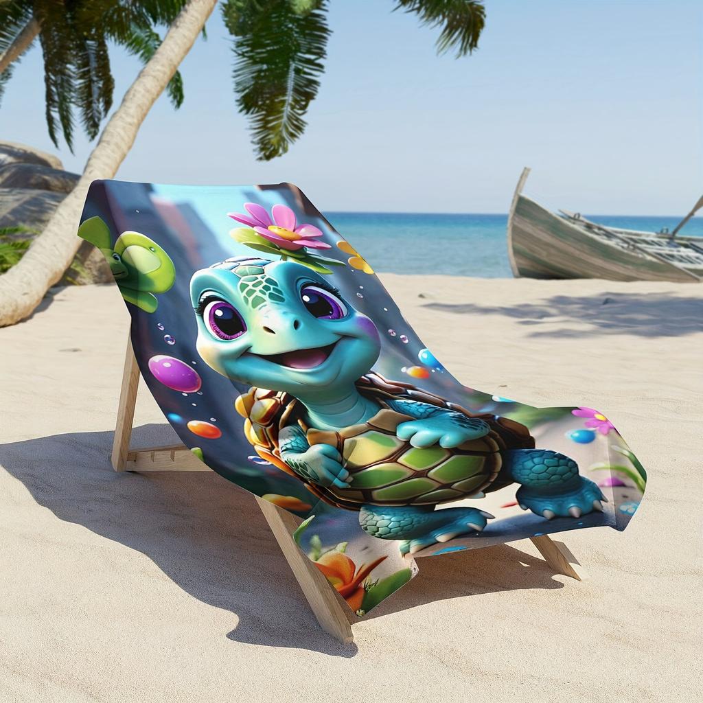 1 Cat Cartoon Turtle Design Beach Towel, Microfiber Beach Mat, Super Absorbent Bath Towel, Suitable for Travel, Swimming, Diving