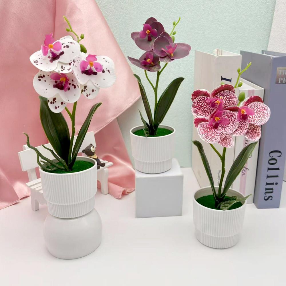 Flowers Faux Three Butterfly Orchid Green Plant For Home Office Decoration
