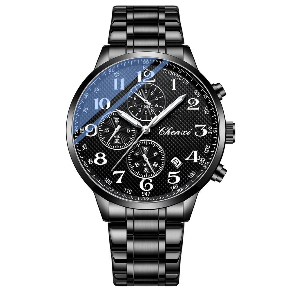 CHENXI Multifunctional Men's Watch, Real Three-Eye Six-Needle Calendar Chronograph, Stainless Steel Strap, Quartz Movement