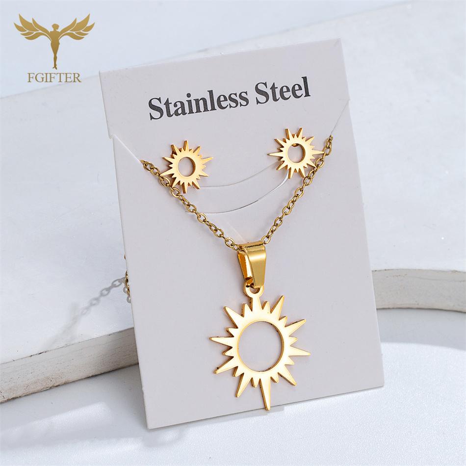 

Комплект серьги и ожерелье из нержавеющей стали с золотым покрытием, этнические подвески-шармы в виде солнечного тотема, пусеты, подарок на день рождения, модная женская бижутерия с цирконом 40cm