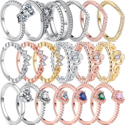 Authentic 100% 925 Sterling Silver Princess Regal Crown Heart Sparkling Zircon Luxury Circle Rings Women Wedding Jewelry