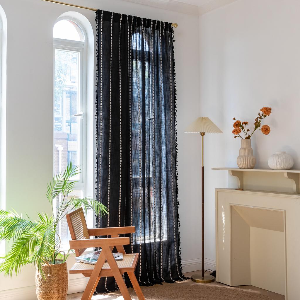 American Curtains Finished Thick Black Bohemian Semi-Blackout Room Living Room Decoration Balcony Floating Curtains