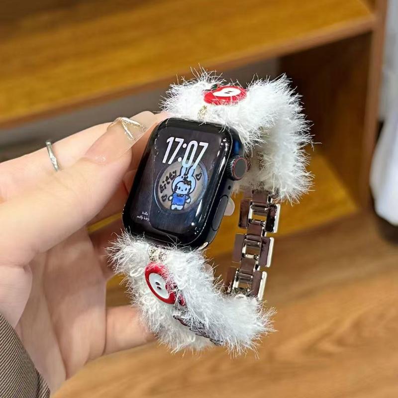 New Winter Fluffy Titanium Steel Strap Band For Apple Watch Series 10 46mm 42mm 9 7 8 5 6 44mm 45mm 40mm 41mm Ultra 49mm Bracelet Correa Loop Strap