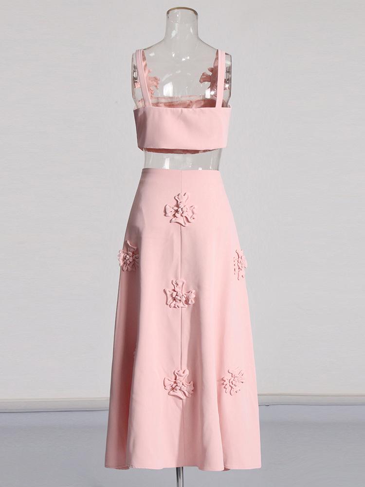 2025 French Retro Summer Floral Spliced High-Waist Midi Skirt and Sling Top Set