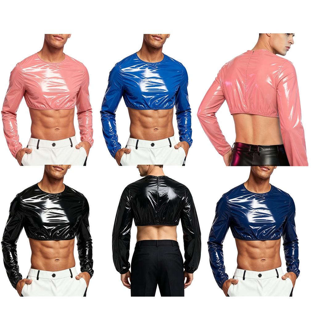 Dámský voděodolný lesklý crop top noční oblečení s kulatým výstřihem a dlouhým rukávem, crop mikina s tričkovým vzhledem a zapínáním na zip na zádech