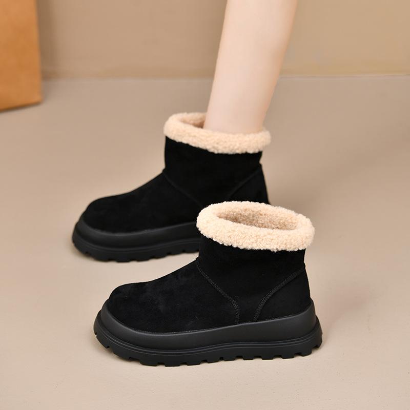 

2025 winter new women s snow boots flanged solid color retro versatile sleeve feet medium tube thick velvet warm cotton shoes women 40 чёрный