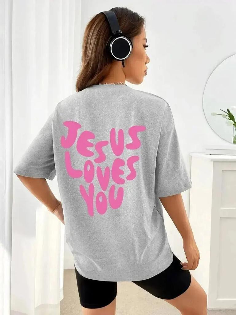 Jesus Loves Me Letter Prints Female Cotton TShirts Fashion ONeck Oversize Tops Casual Loose Soft Short Sleeve Women Clothing