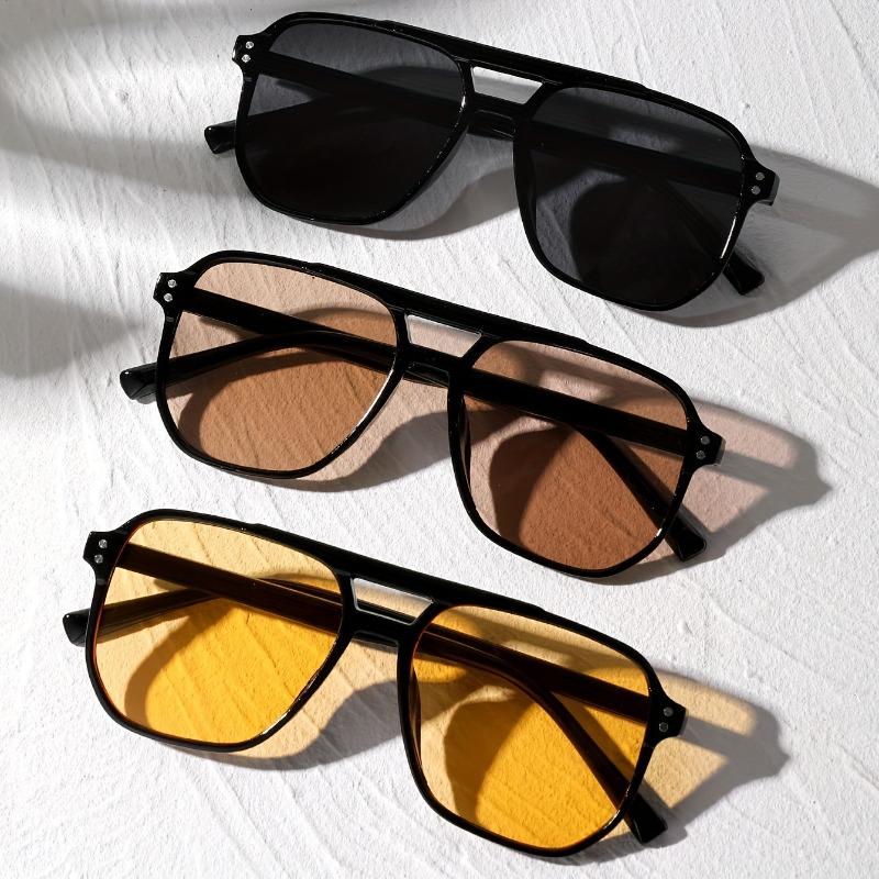 

3Pcs Double-Beam Aviator Sunglasses with Square Frames, Multi-Color, Simple and Trendy for Street Photography and Beach Vacation