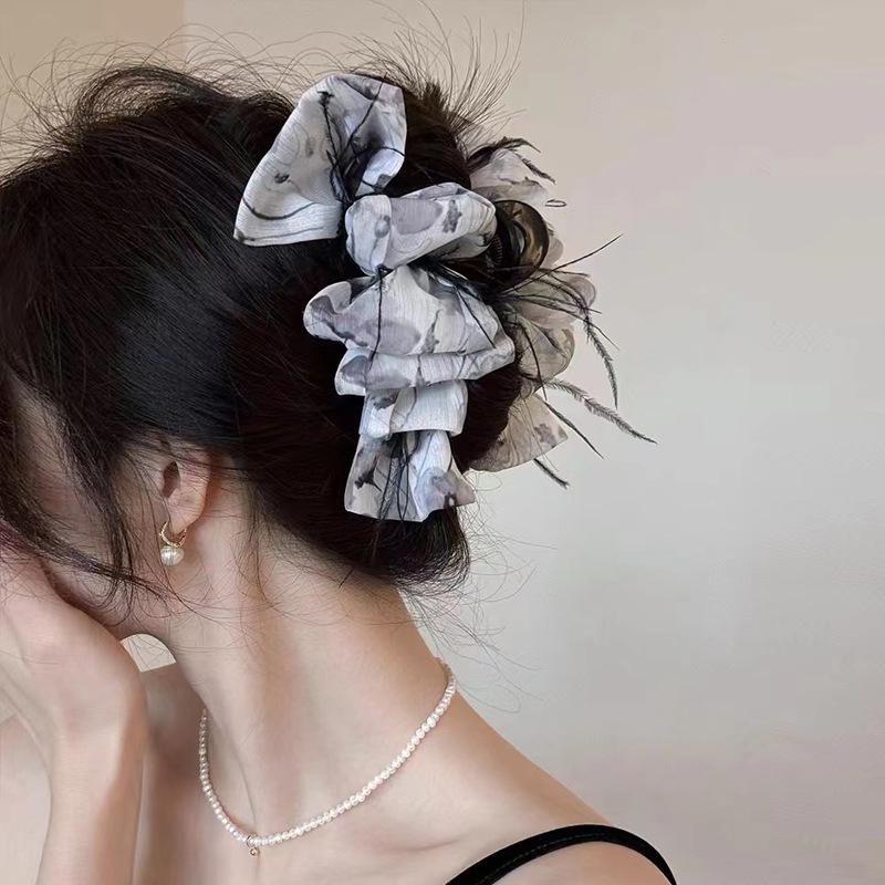 Elegant Chiffon Bow Hair Claw Clamp New Large Hair Crab Barrettes Vintage Hairpins For Women Print Hair Accessories Ornament