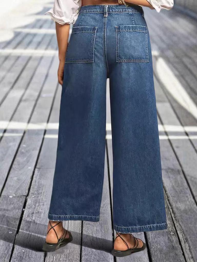 Women's Retro Washed Wide-Leg Cropped Jeans with Frayed Hem and Slant Pockets