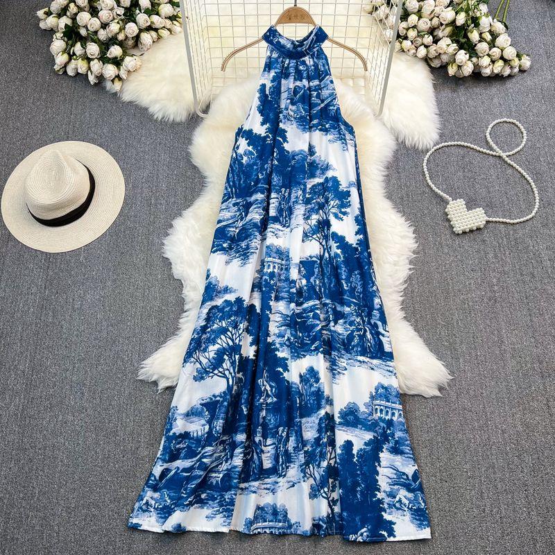 

Retro Ink Painting Print Dress Elegance Halterneck Blue L