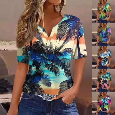 Camiseta de mujer con estampado de botones, manga corta, para uso diario, fin de semana, básica, cuello en V, top regular