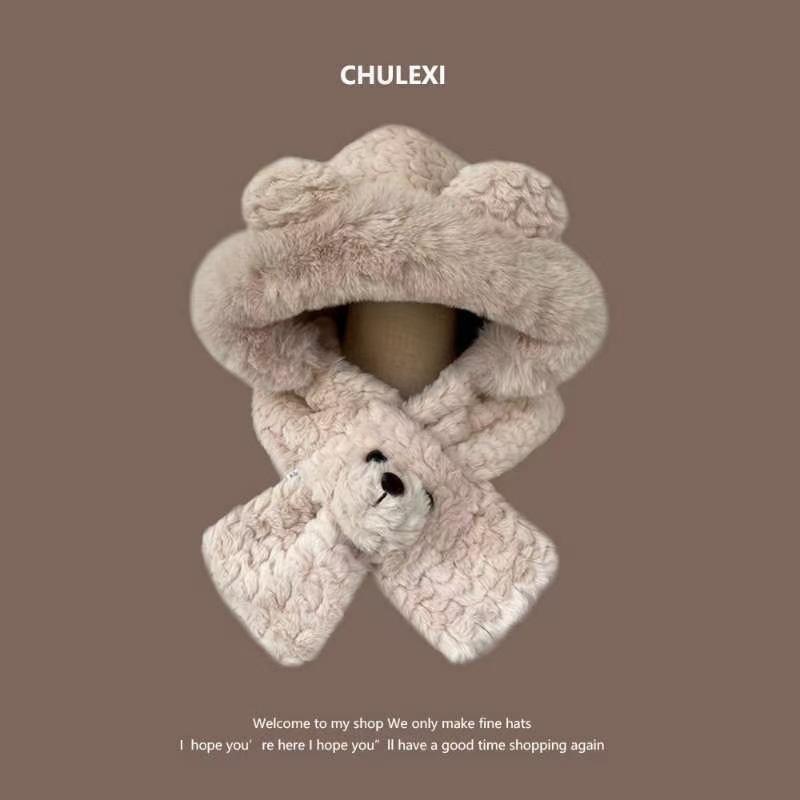 Bear ears hat scarf integrated women's winter warm plush thickened plush scarf Lei Feng hat winter hot sale