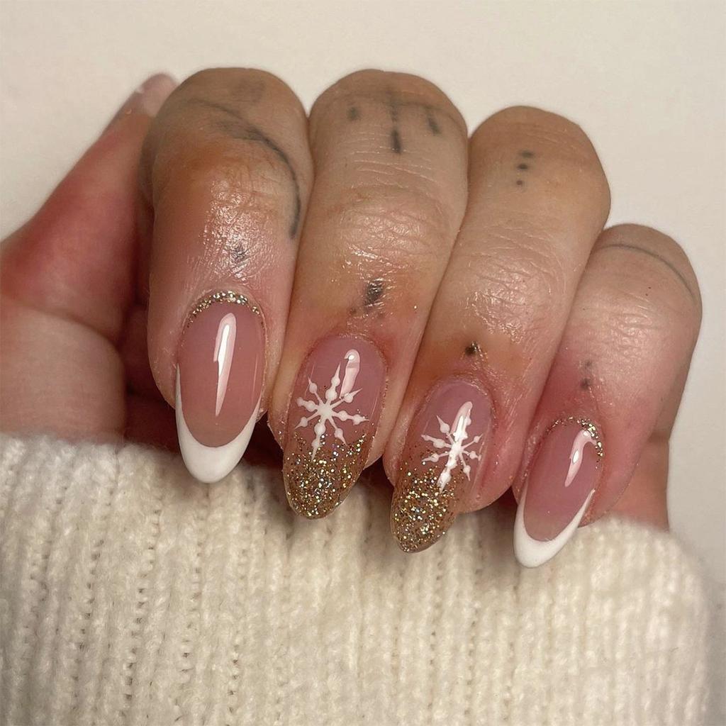 24 Pieces Simple French White Wearing Nail Christmas Snowflake Nail Art Fake Nail Gold Glitter Short Nail Piece
