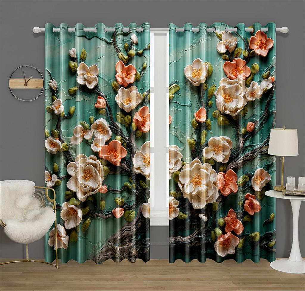 Colorful Rich Flowers Pattern Curtains Green and Peach Flowers Kitchen Decor Curtains Bedroom Living Room Window Decor 2 Panels