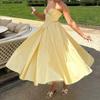 Sexy Chest Boning Slim Waist Long Strapless Dress Women Cross Lacing Up Back Ruched Hem Swing Party Vestido Yellow