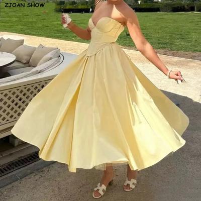 Sexy Chest Boning Slim Waist Long Strapless Dress Women Cross Lacing Up Back Ruched Hem Swing Party Vestido Yellow
