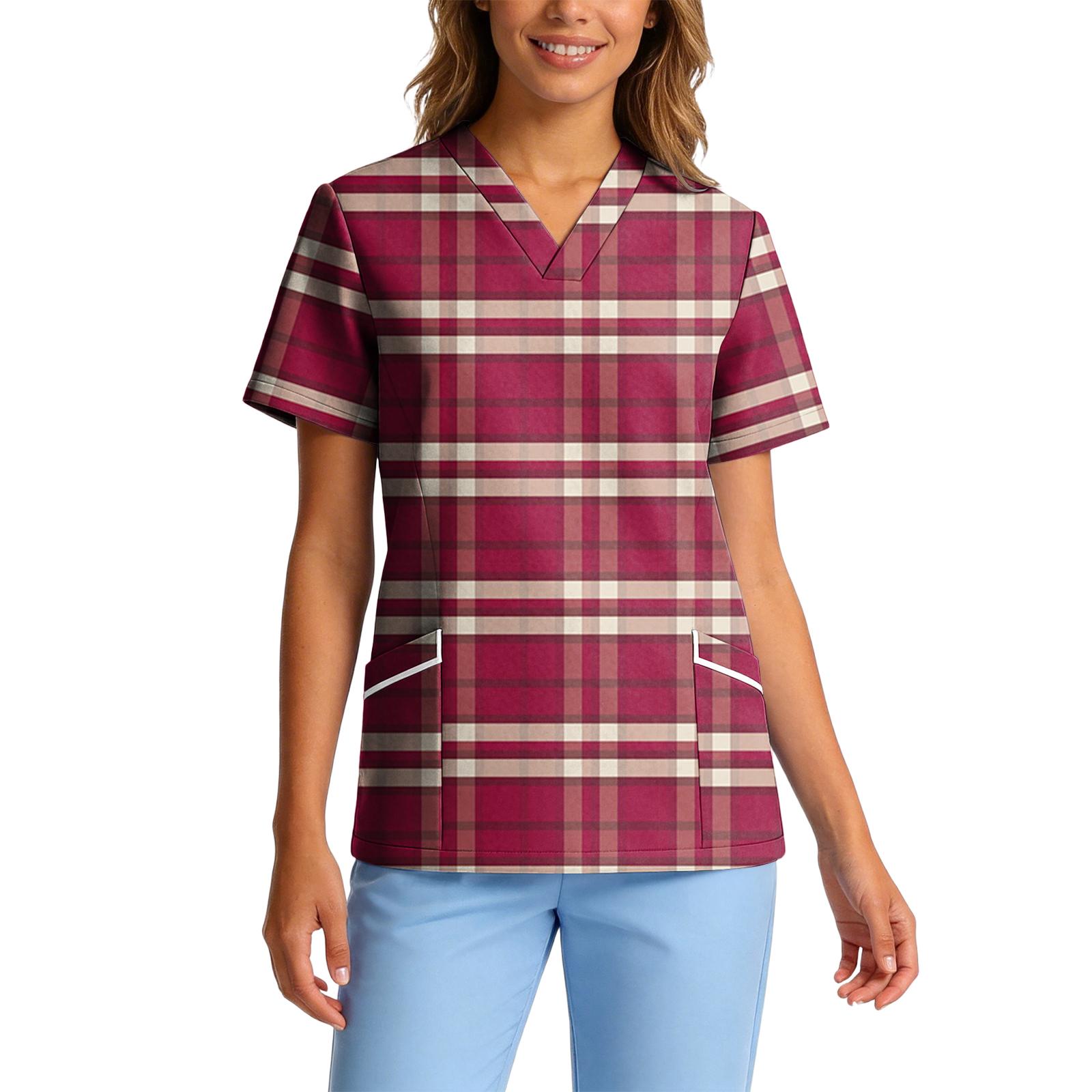 

Women s V-Neck Short Sleeve Workwear Top with Pockets & Moisture Wicking Fabric XL винний