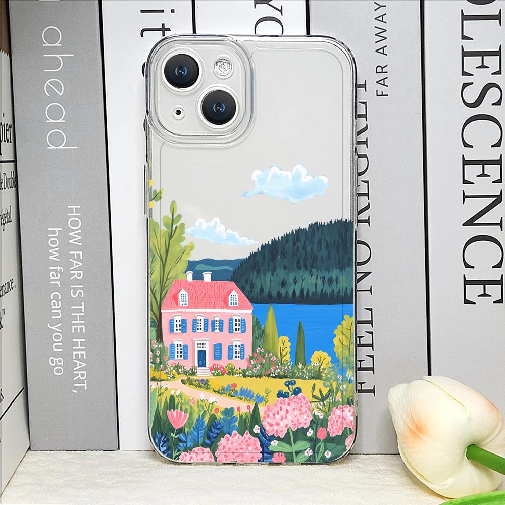 Pink House Holiday Home Grange Scenery Phone Case for iPhone 17 16 15 14 11 12 13 Pro Max 7 8 Plus 12 13 Mini X XS XR Soft Cover