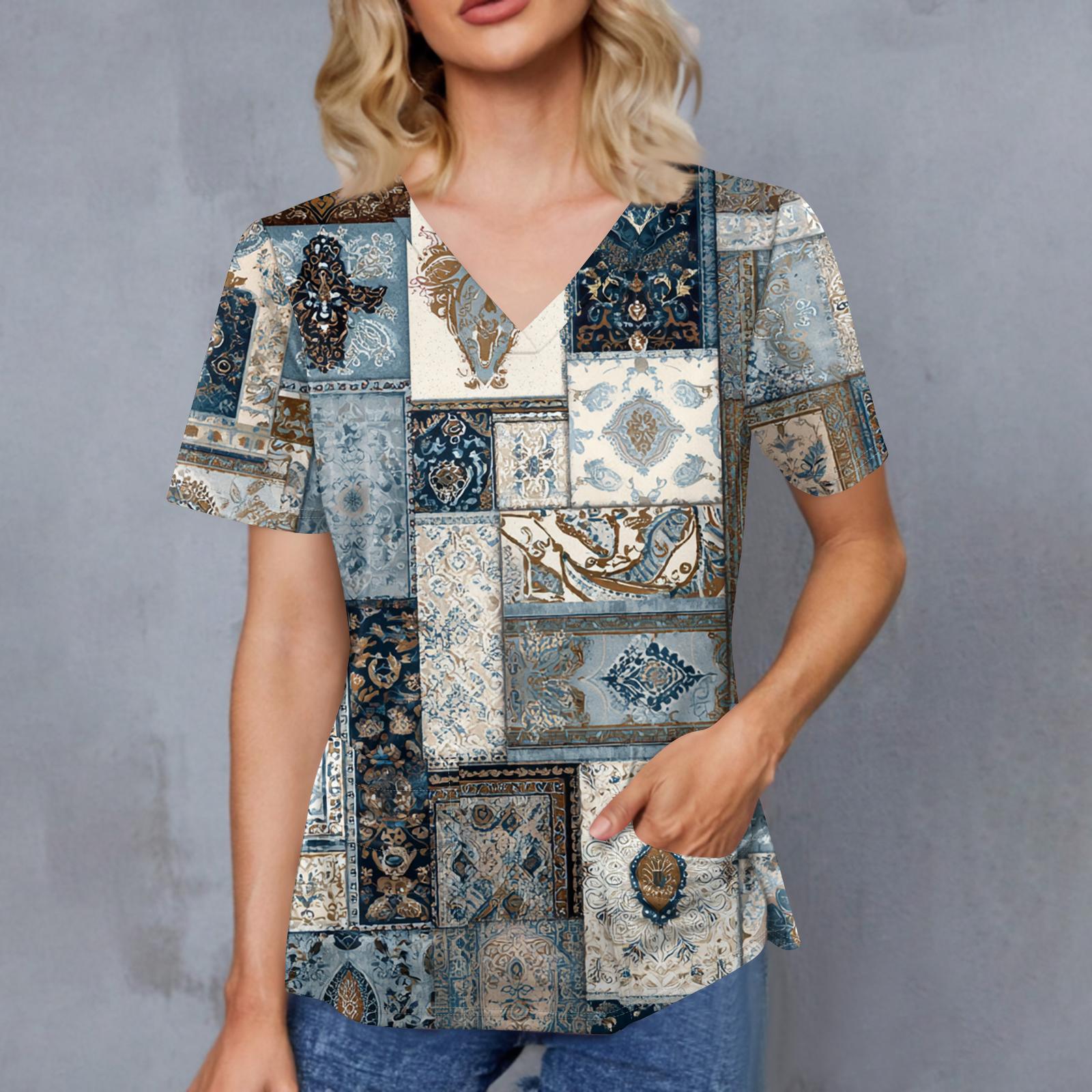 

Women s Retro Printed V-Neck Double Pocket Short Sleeves Hem Slit Uniform Caregiver Top L