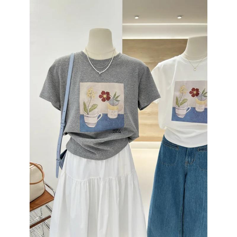 Летний Корейский Стиль Универсальный Литературный Цветочный Принт Свободный Стройнящий Короткий Рукав Высококачественная Хлопковая Базовая Рубашка Футболка Женский Топ S