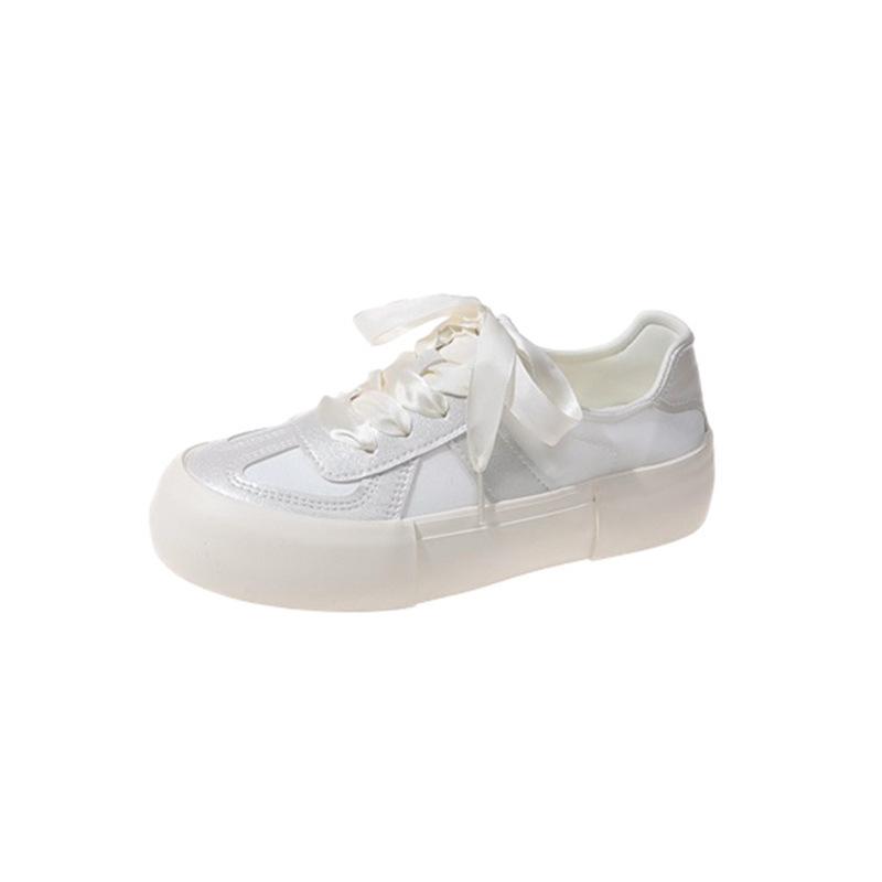 Little White Shoes Women's Autumn 2025 New Thin Breathable Moral Training Shoes Heightened Thick-soled Splicing Satin Casual Board Shoes