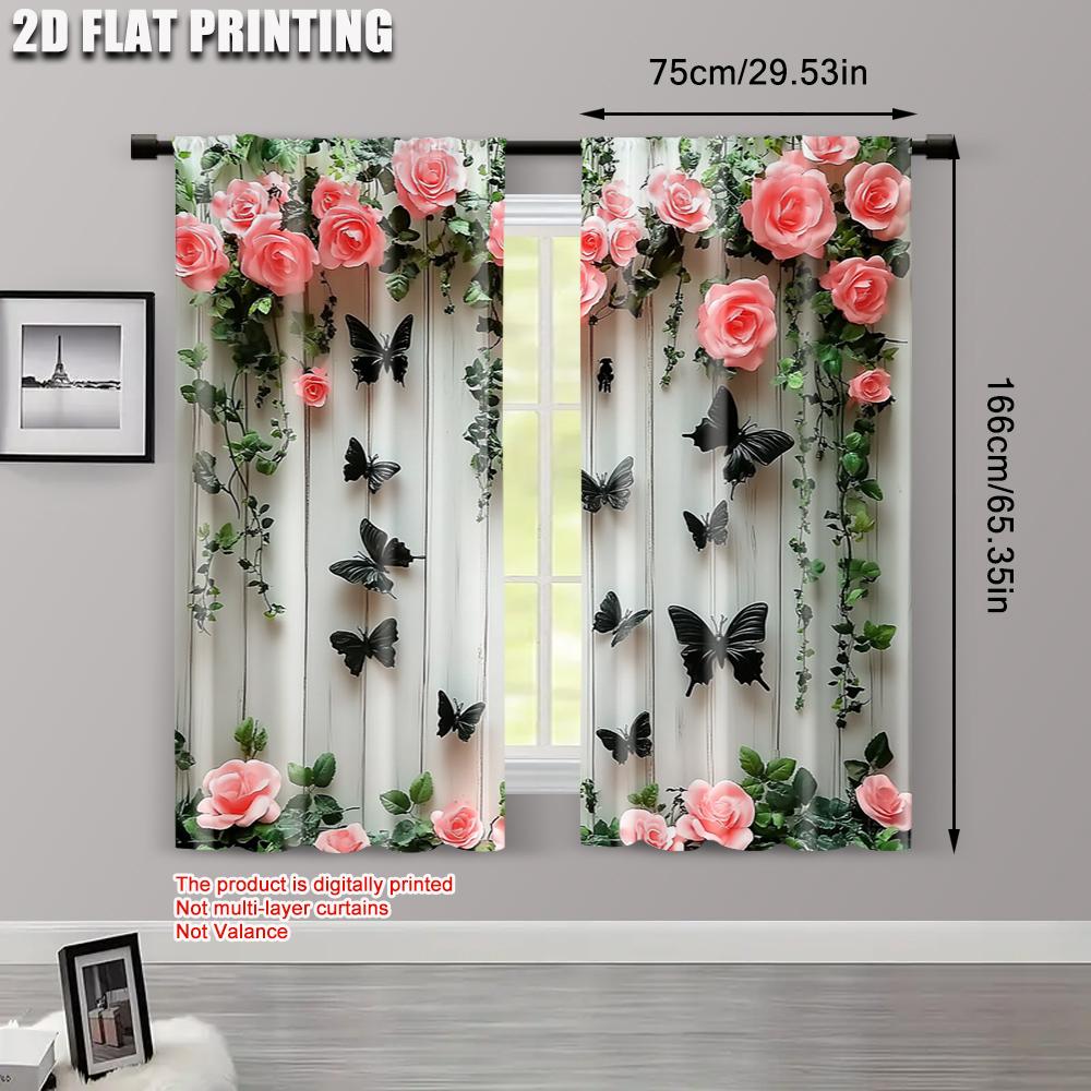 2pcs   Curtain Fabric 2D print Butterflies and pink roses Versatile Durable Polyester (without rod) Decorations For Home Use for