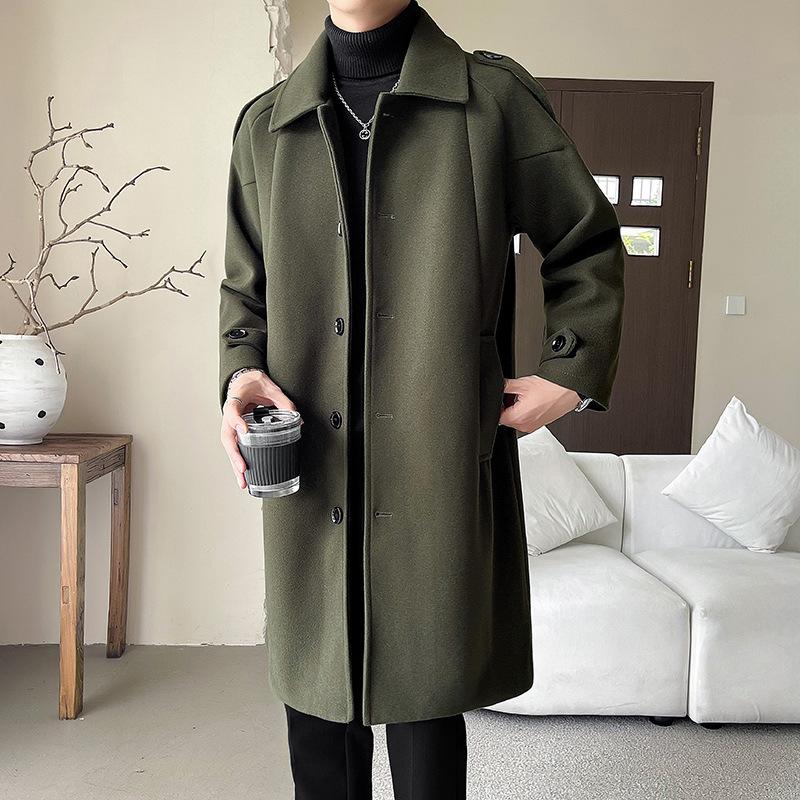 Autumn and Winter Korean Style Fashionable Single-breasted Mid-length Windbreaker Loose Coat Woolen Coat Men's Cotton Coat