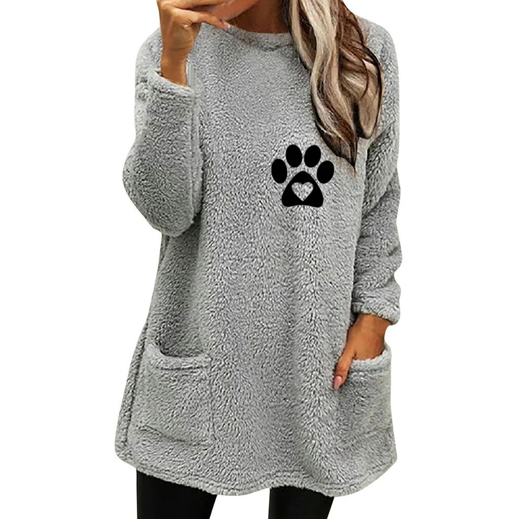 Autumn/Winter Women's Paw Print Double-sided Fleece Sweatshirt with Pockets