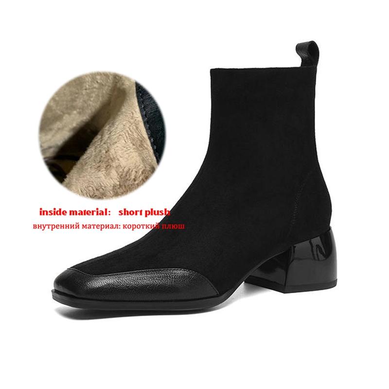 Krazing Pot Sheepskin Flock Winter Square Toe Chunky Heels Chelsea Fashion Boots Women Zip Patch Work Women Ankle Boots