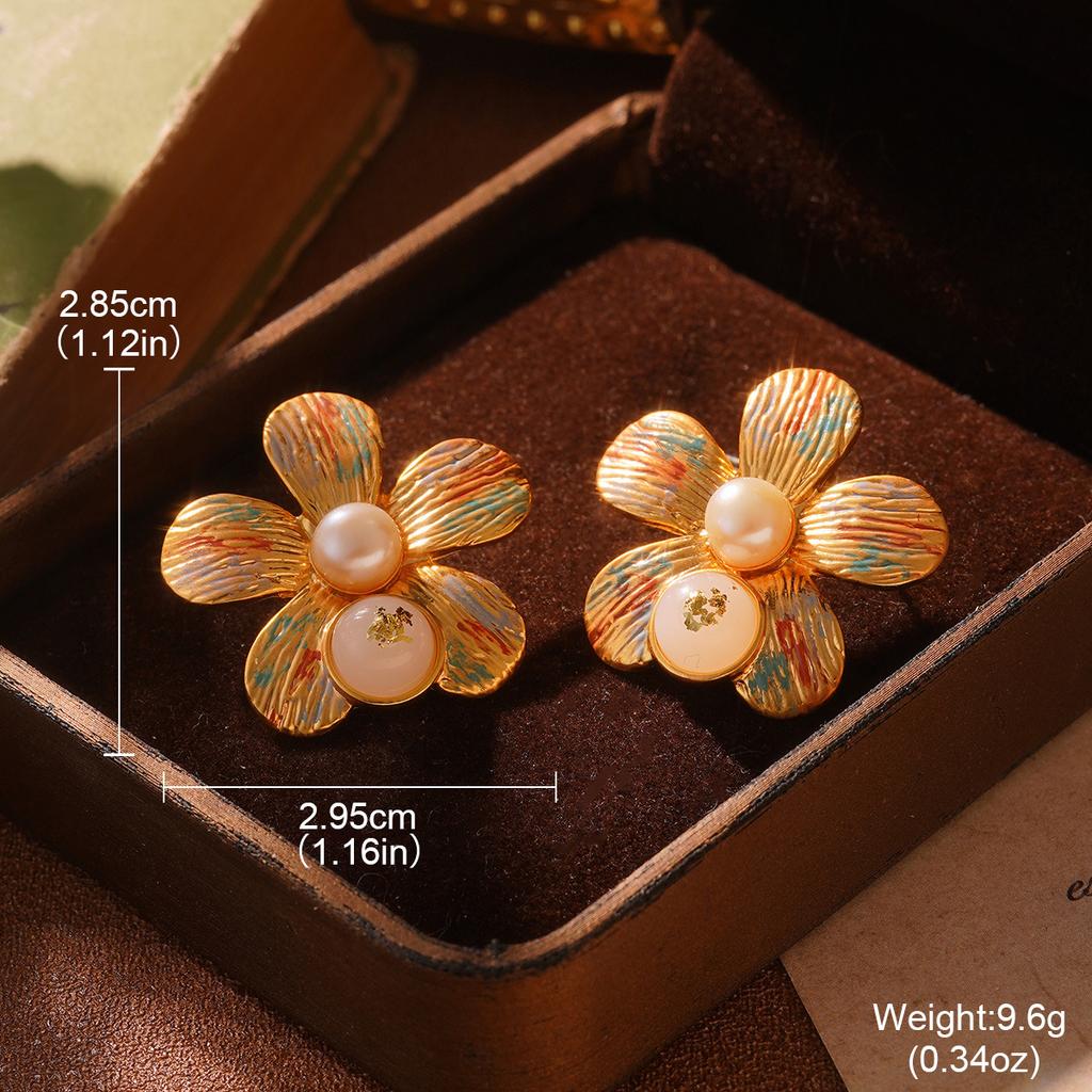 Retro Personality Fashion High Sense Metal Pearl Flower Enamel Painted Fringed Earrings Temperament Simple Ear