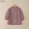 ZANZEA Women Casual Round Neck 3/4 Sleeve Grid Print Loose Blouse