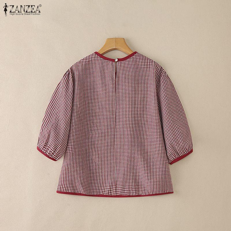 ZANZEA Women Casual Round Neck 3/4 Sleeve Grid Print Loose Blouse