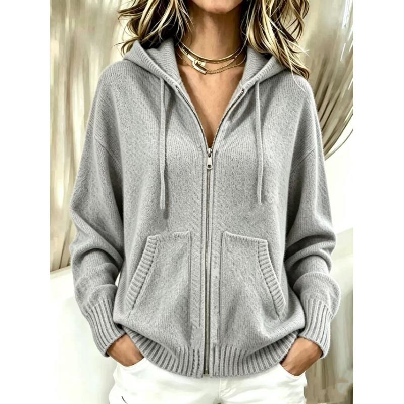 Women S Autumn Winter Hooded Zip Up Loose Knit Cardigan