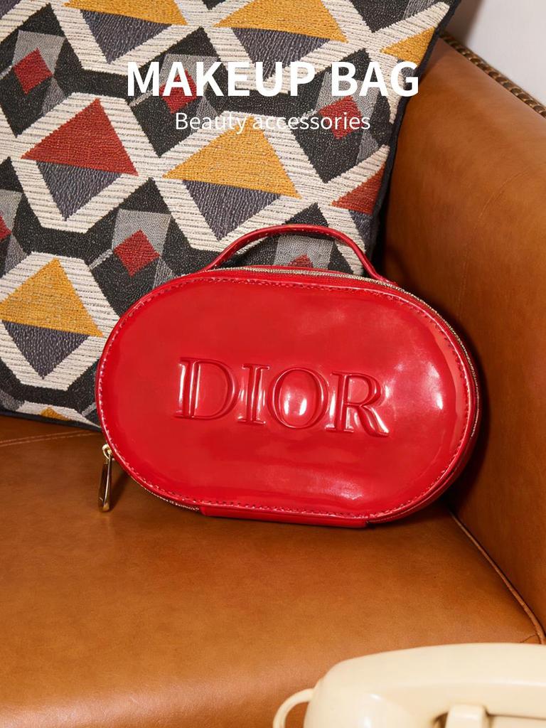 Dior Red Glossy Cosmetic Bag with Handle, Portable Travel Makeup Organizer