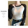 Women's Black and White Patchwork Long Sleeve Retro Slim Fit T-shirt, 2026 Spring/Autumn, Round Neck Base Layer.