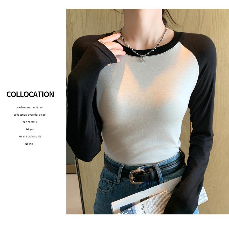 Women's Black and White Patchwork Long Sleeve Retro Slim Fit T-shirt, 2026 Spring/Autumn, Round Neck Base Layer.