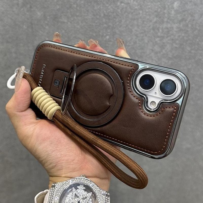 Obchodní kožené pouzdro s magnetickým držákem pro iPhone 16 Pro Max 15 Pro 14 13 12 Luxury Lanyard Shockproof for Magsafe Stand Phone Cover