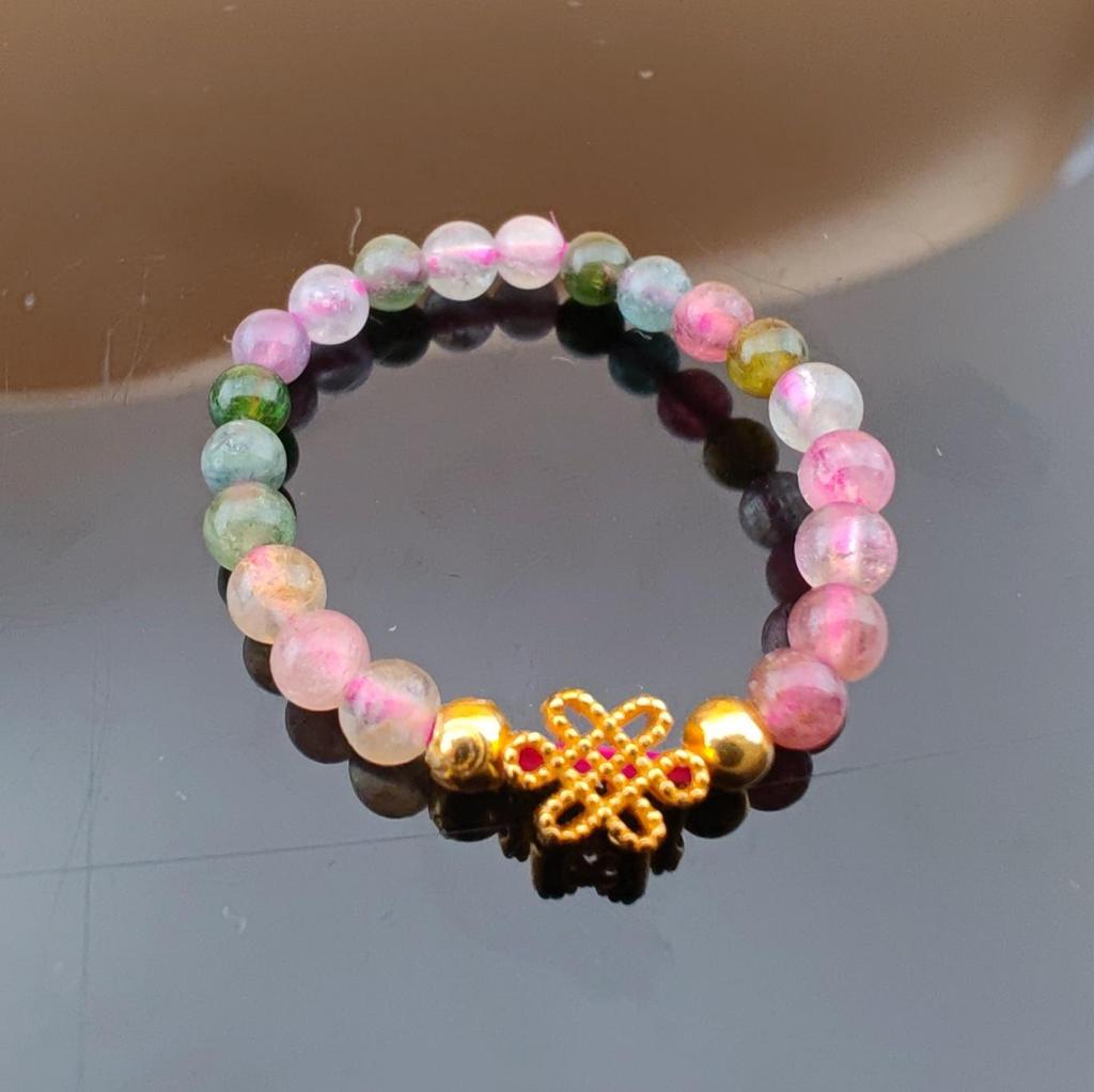 Natural Crystal Tourmaline Cat Paw Lucky Ring with Elastic Beaded Band