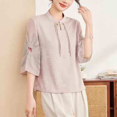 Mom's Stylish Chinese Stand Collar Chiffon Top for Spring/Summer - Seven-Sleeve Blouse for Middle-Aged & Elderly Women