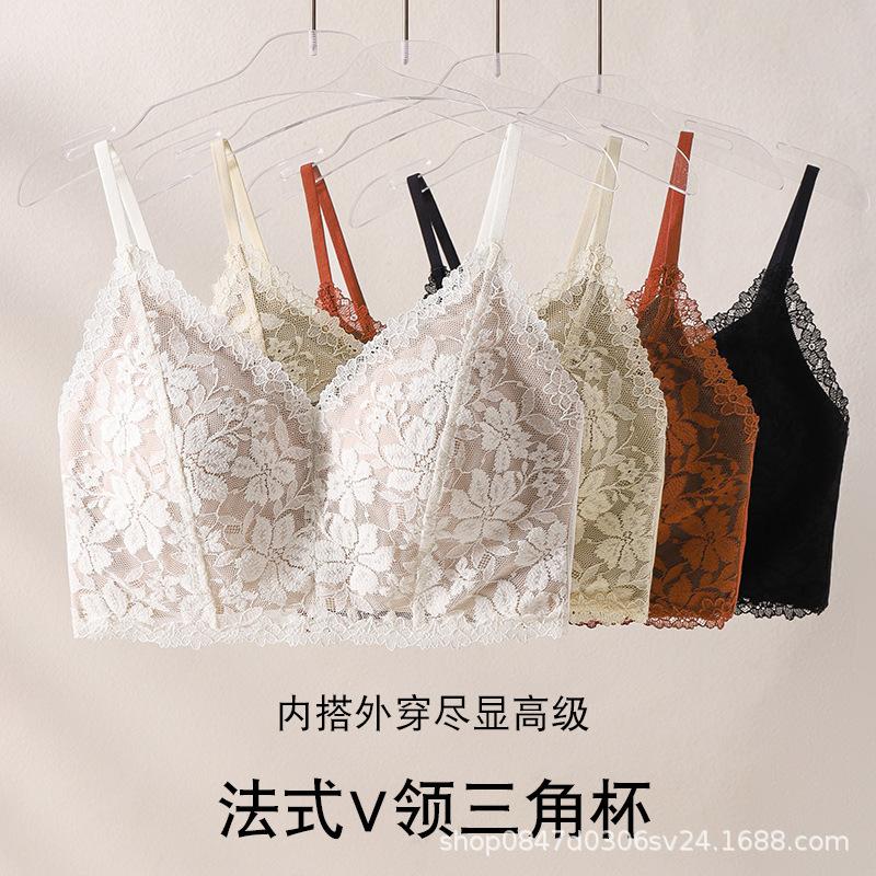 Lace Vest Underwear Women's Thin Without Steel Ring Sexy Deep V French Triangle Cup Bra New Explosion