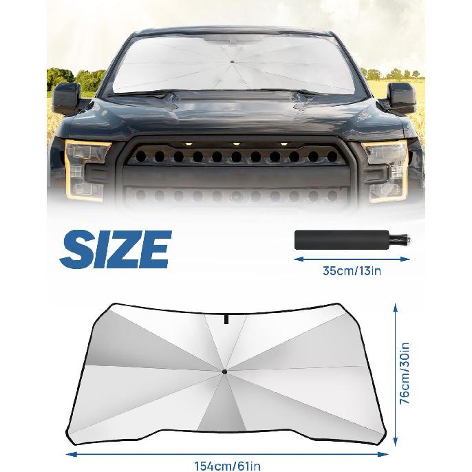 JOYTUTUS Windshield Sun Shade Umbrella, Fit for Ford 2015-2025 F150 F250 F350, Front Window Sun Shade with 360° Rotation Bendable Shaft, Titanium