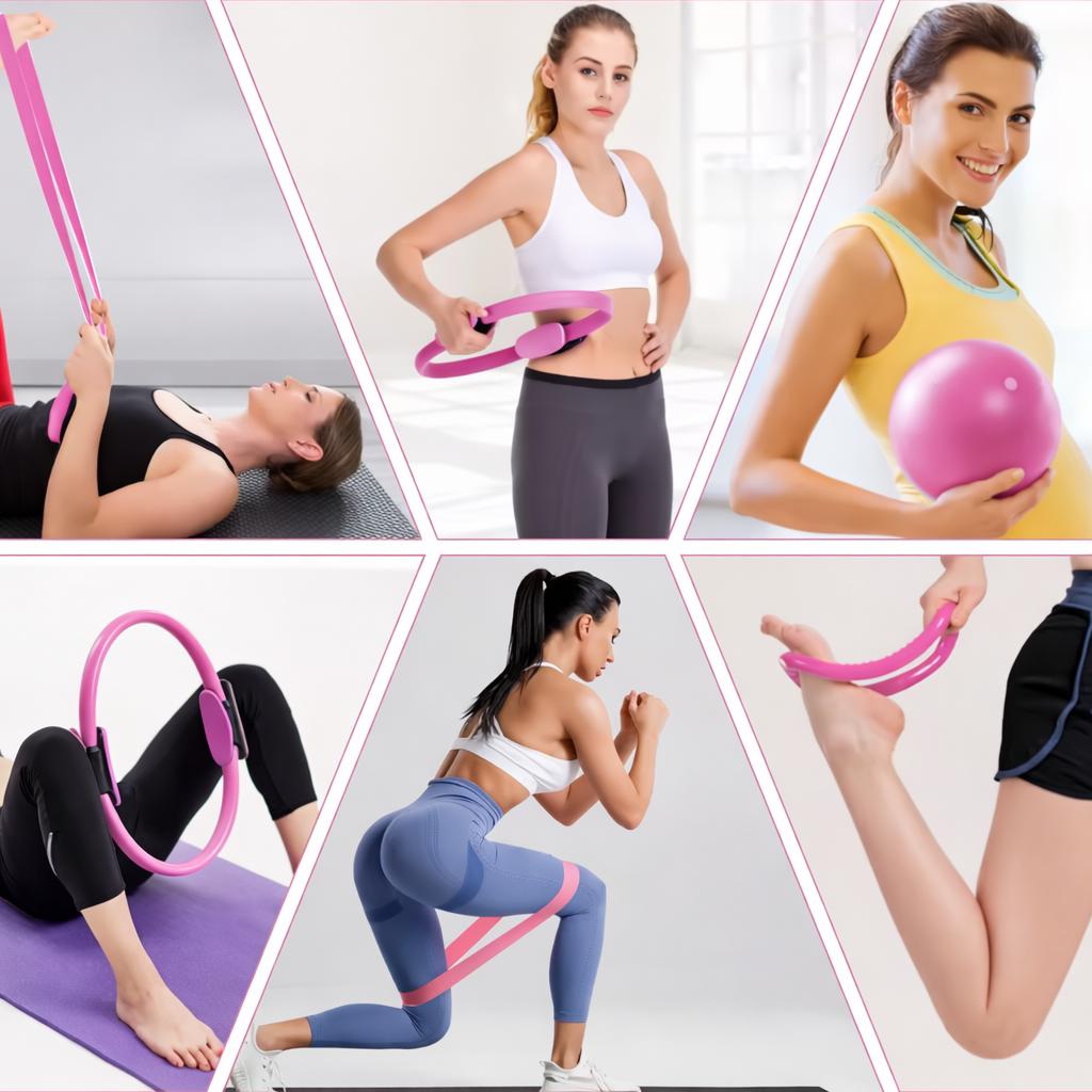Zestaw Pilates Fitness Joga 13W1 Obręcz Koło Do Pilatesu Taśmy Oporowe Różowy [Fitness1]