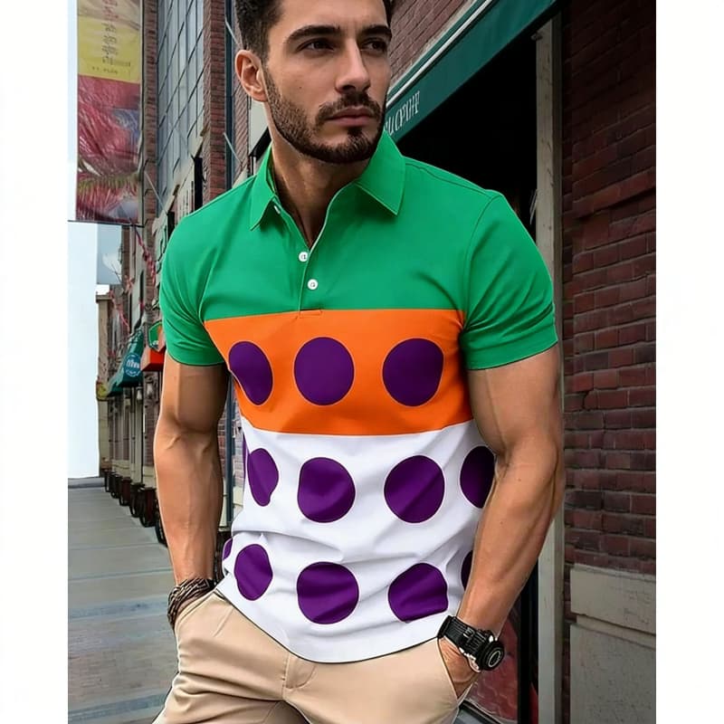 Men's Fashion Color blocked Geometric Printed Short sleeved Polo Shirt