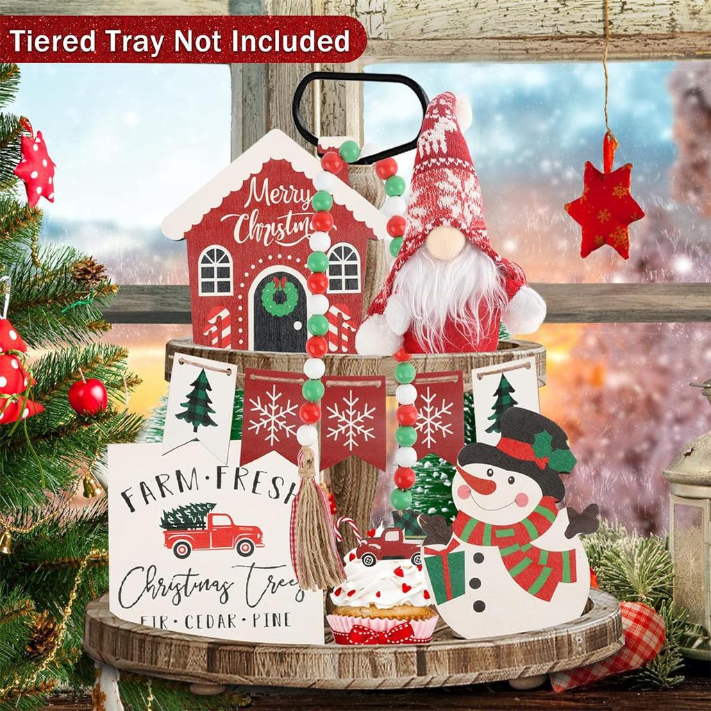 Christmas Dwarf Tiered Tray Decor with Beads String Festive Holiday Decorations Standing Signs for Winter Table Display