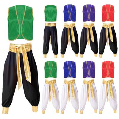Mens Arabian Prince Costume Set Sleeveless Braided Trimming Open Front Waistcoat with Elastic Waistband Patchwork Pants for Carnival Party Cosplay Rol