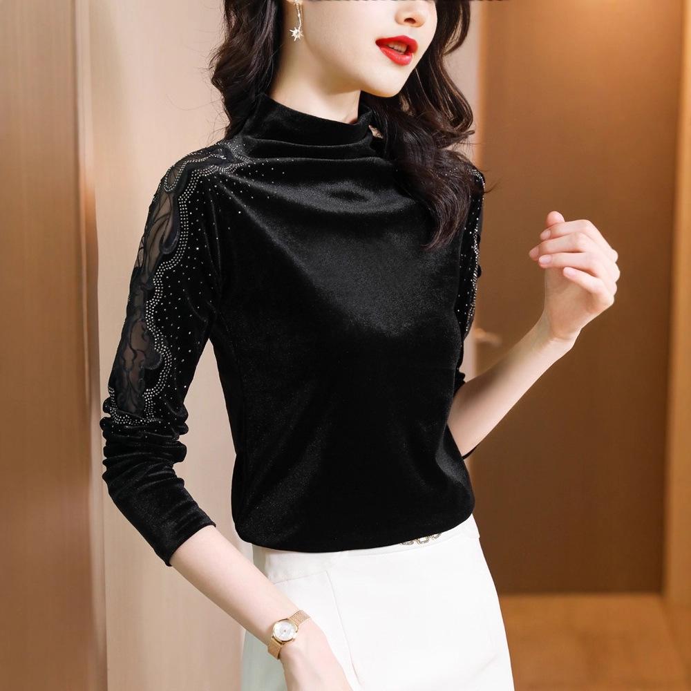 Stylish Versatile Velvet Lace High-Neck Long-Sleeve Shirt for Women