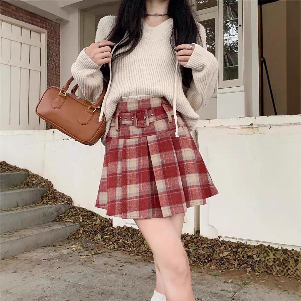 Women's High-Waisted Plaid Woolen A-Line Pleated Skirt with Belt - 2025 Autumn/Winter Collection