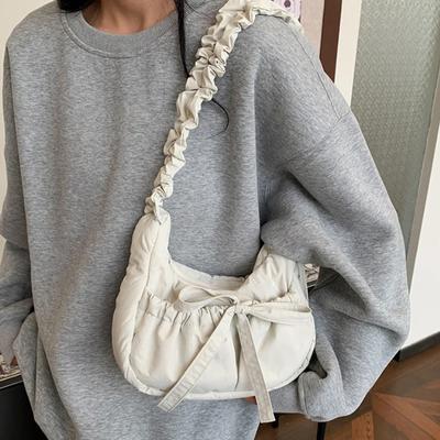 Beliebte Hobo-Tasche aus Nylon im Preppy-Stil mit Schleife für Damen, süße, hübsche, plissierte Schulter-Umhängetasche mit Kordelzug, exquisite Umhängetasche